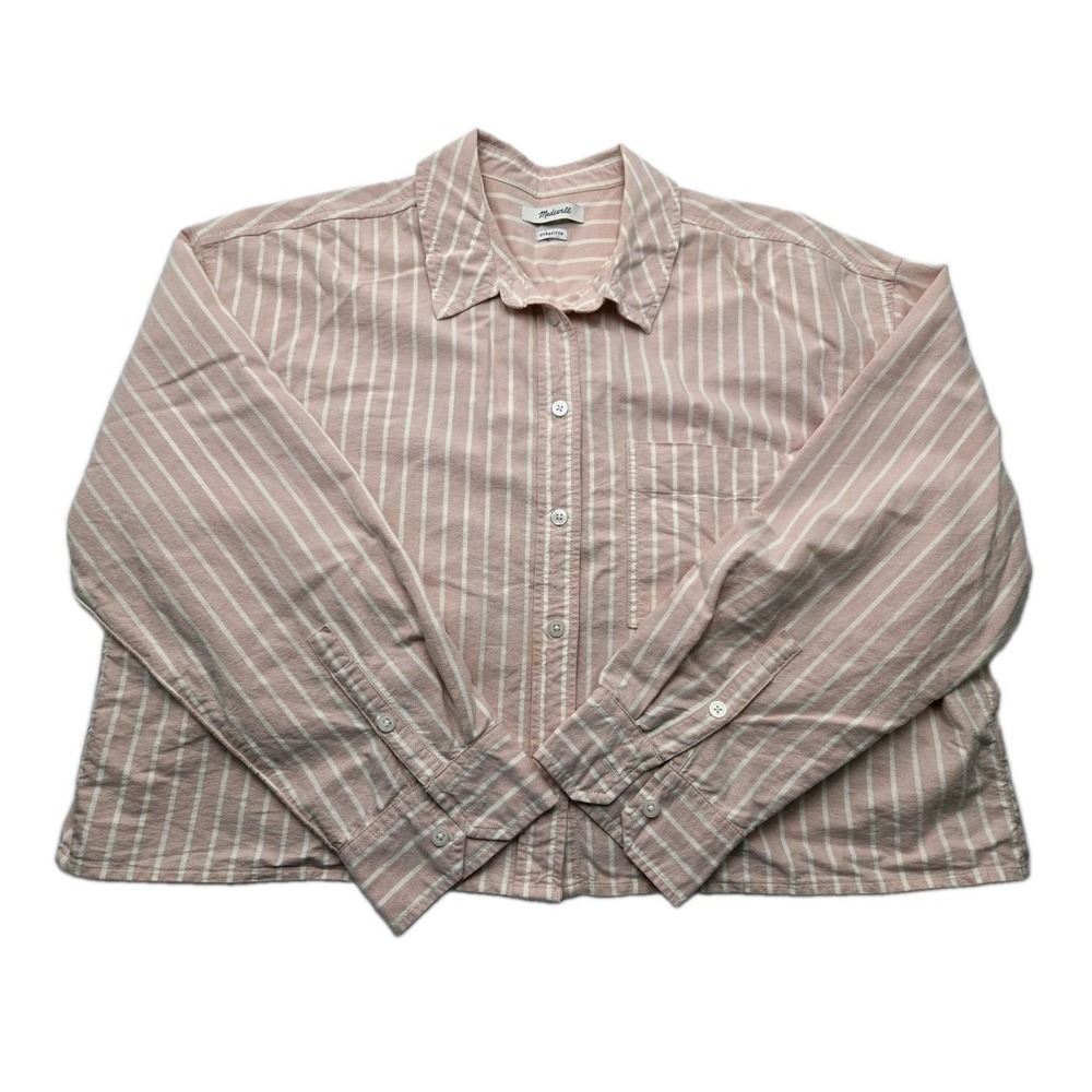 Madewell Signature Oxford Crop Shirt Pink Stripe Cotton Measures L NM636